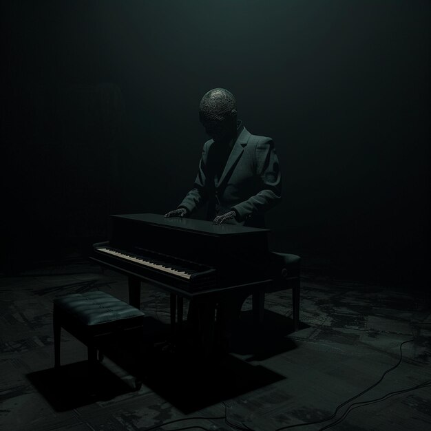 Photo a pianist in a suit performs on a headless piano in darkness