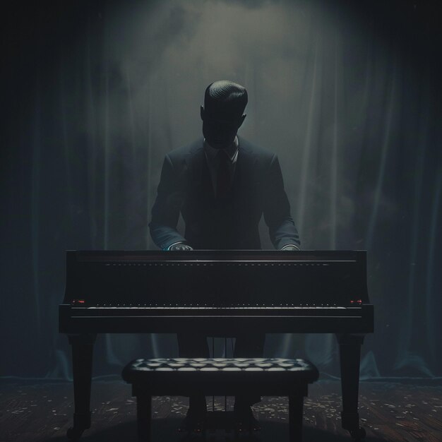 Photo a pianist in a suit performs on a headless piano in darkness