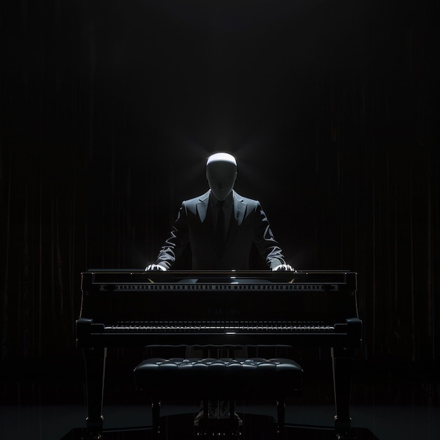 Photo a pianist in a suit performs on a headless piano in darkness