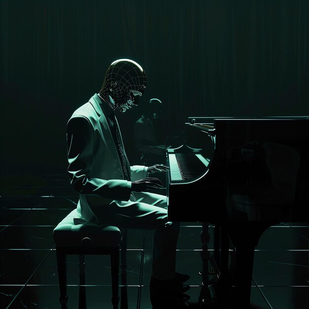 Photo a pianist in a suit performs on a headless piano in darkness