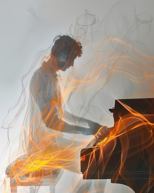 Photo pianist surrounded by swirling flames and music