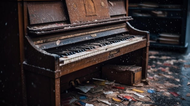 A piano in an abandoned building with the word piano on the front.