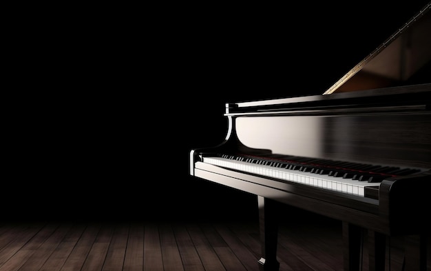 A piano in a dark room with a black background and the word piano on the left side.