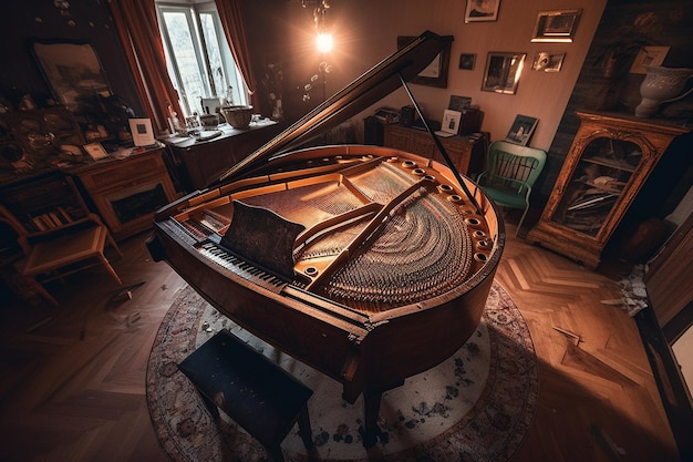 A piano in a dark room with a fireplace and a sign that says'grand '