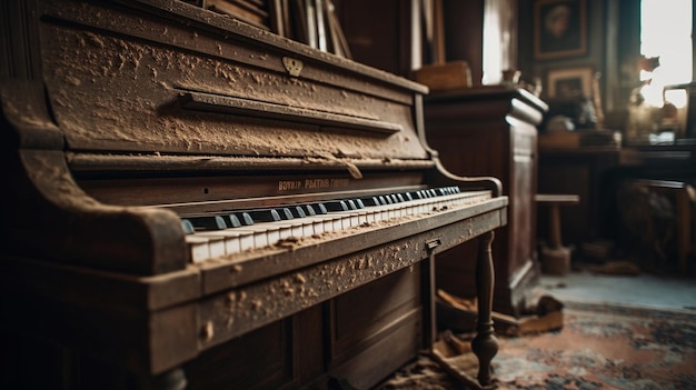 A piano in a dark room with the word piano on the front.