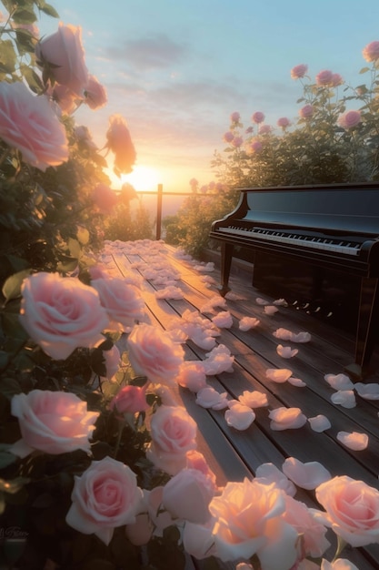 A piano on a deck with a sunset in the background