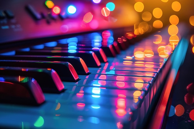 Photo piano keyboard close up with background lights