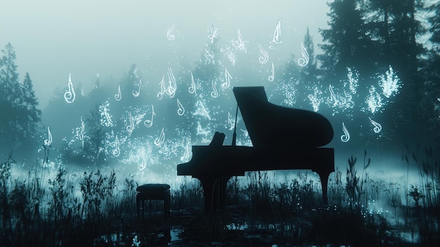 Photo piano in the misty forest with musical notes