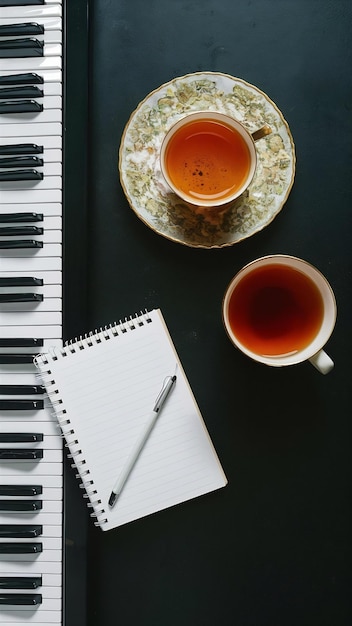 Piano open notepad and cup of tea on a dark background top view