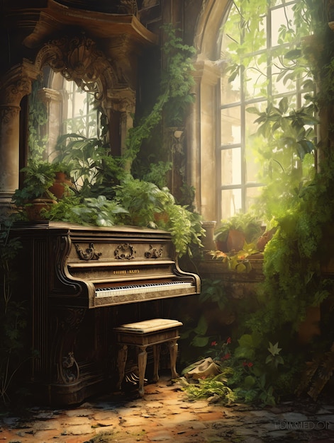 piano pastel with flowers in watercolor style photorealistic piano in the forest