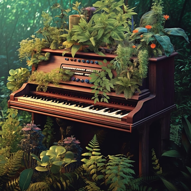 piano pastel with flowers in watercolor style photorealistic piano in the forest