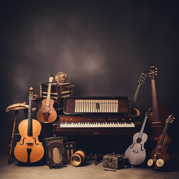 a piano and a piano are in front of a black background.