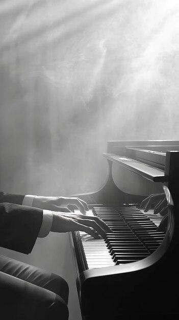 Piano player s hands playing on the piano keys with a spotlight in the background