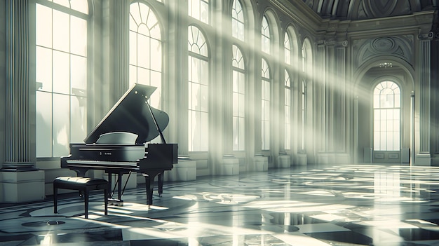 a piano in a room with a piano in the background