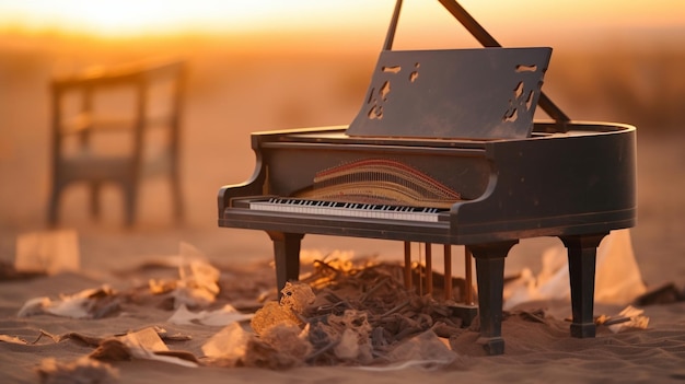 A piano sits on the sand in the desert.