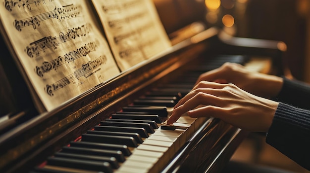 Piano Virtuoso CloseUp of Hands on the Keys with Sheet Music