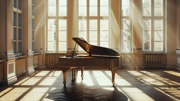 a piano with a piano in the background and a window behind it