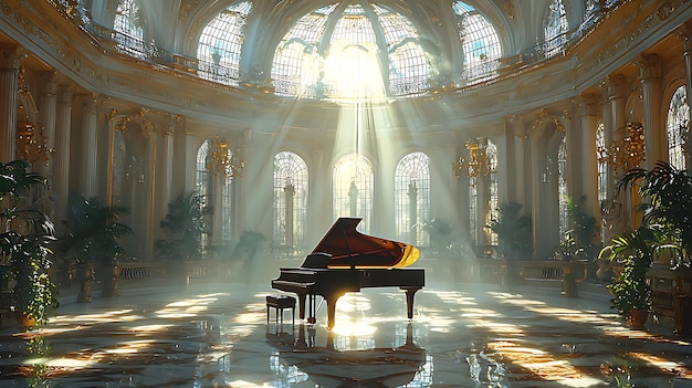 Photo a piano with the sun shining through the windows