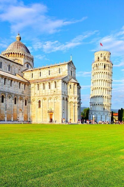 Piazza dei Miracoli in Pisa with the Basilica and the Leaning tower, Italy