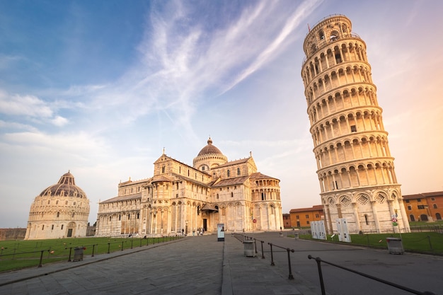 Piazza del Duomo Leaning Tower Cattedrale di Pisa and Battistero di San Giovanni at sunrise Italy