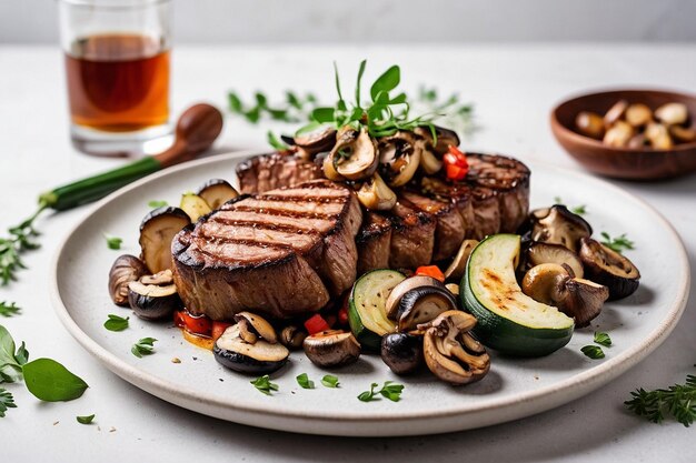 Photo picanha with grilled zucchini and mushrooms white back