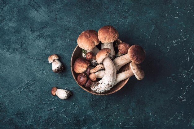 Picked Porcini mushrooms in basket Autumn harvest concept Fresh forest boletus mushrooms on dark background Top view Copy space