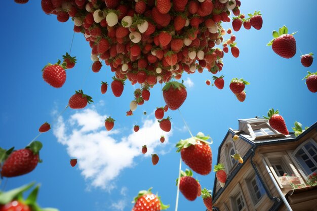 Photo picking strawberries under the clear sky