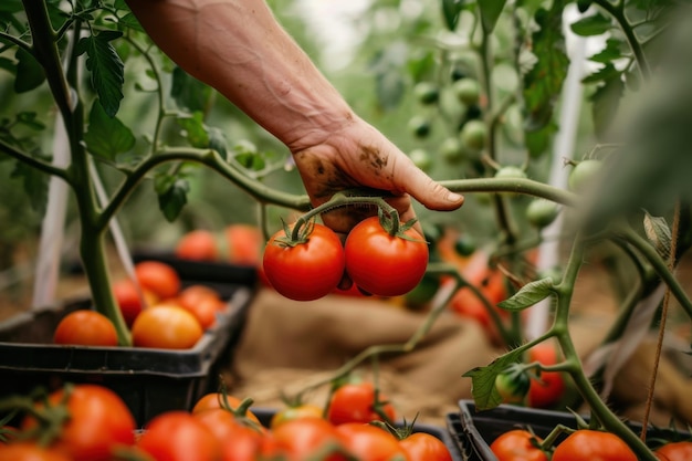 Photo picking up tomato one man working on a tomato farm indoors in greenhouse alone close up