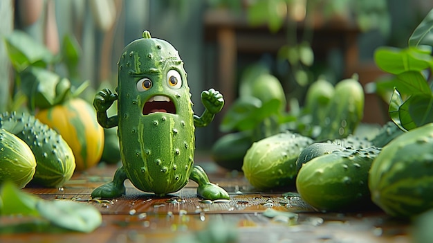 Pickle character standing among a bunch of cucumbers