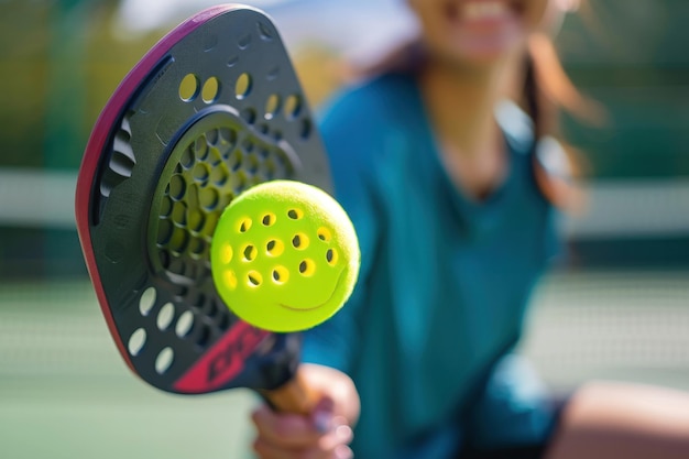 Pickleball ball and paddle on a pickleball court with a smiling player in the background