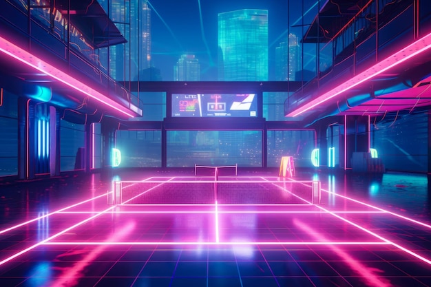 Pickleball court in a futuristic scifi setting with neon lights and abstract architecture