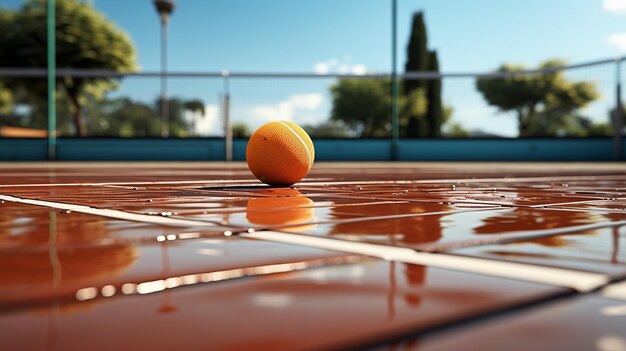 Pickleball Court Racket and Ball at the Net 3D Rendering