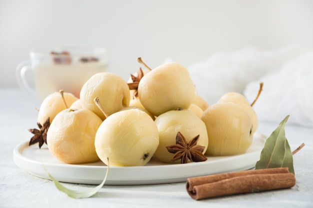 Pickled apples in plate. Fall harvest. Authentic Russian food.