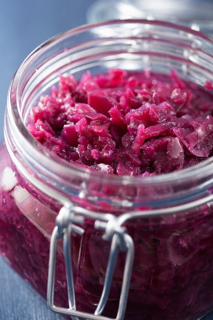 Pickled red cabbage in glass jar