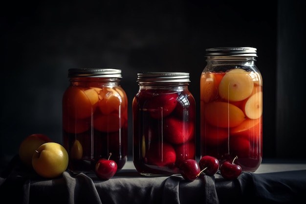 Pickled vegetables in a jar with a black background