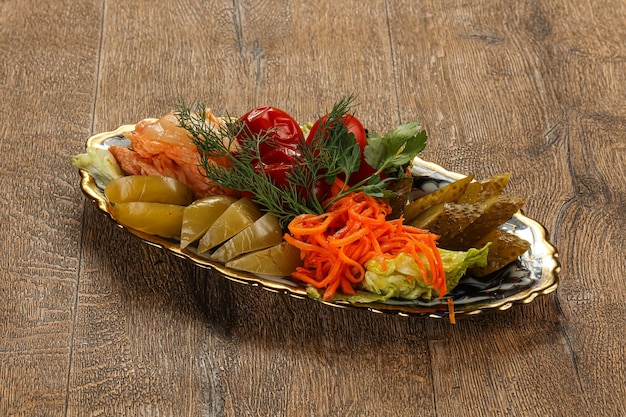 Pickled vegetables mix in the plate