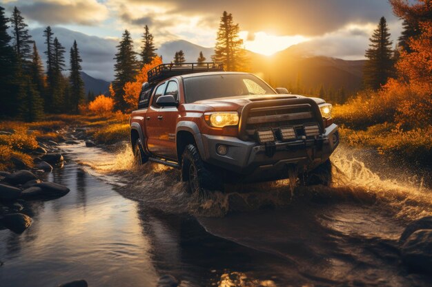 Pickup Truck Dashing through a Sunset Soaked Stream