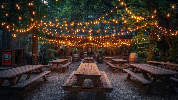 a picnic area with lights hanging from the trees and a picnic table