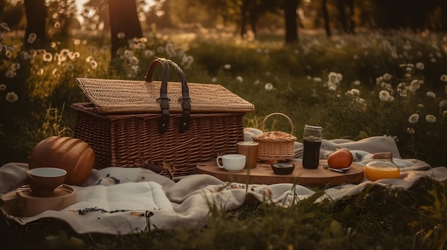 Picnic basket on a blanket in a park