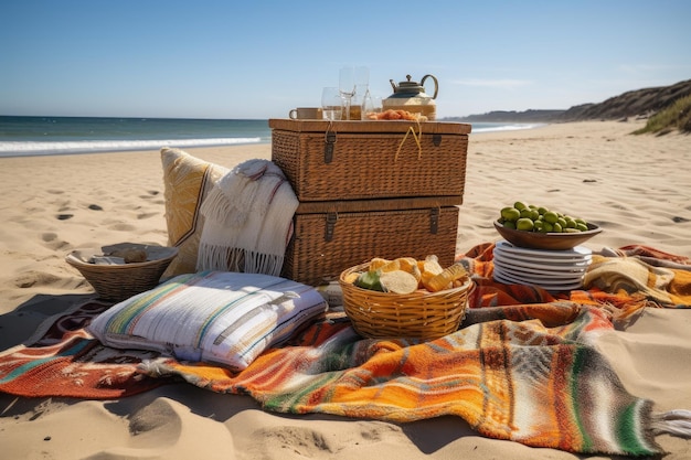 Picnic basket and blanket spread out on a sunny beach created with generative ai