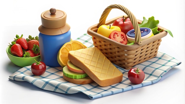 Photo picnic basket blanket and various food items like sandwiches fruits and drinks