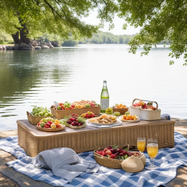 Picnic Basket by the Lake Fresh Fruit Refreshments and Healthy Eating