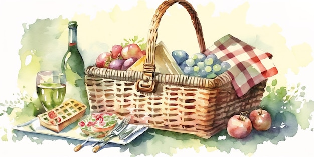 Picnic basket digital art design vector watercolor in color and cute for design banner or prints