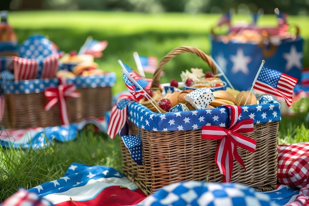 A picnic basket filled with American flags and patriotic food