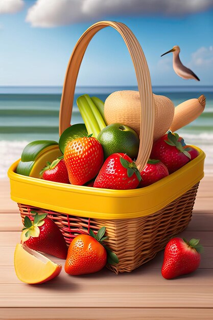 A picnic basket filled with fresh fruits