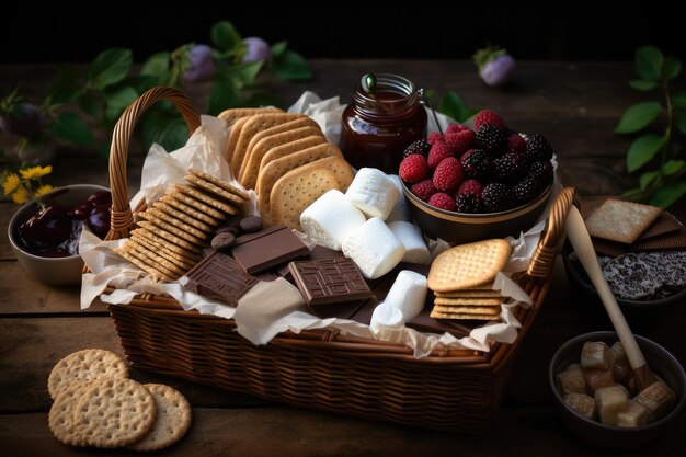 Picnic basket filled with ingredients for a smores dessert