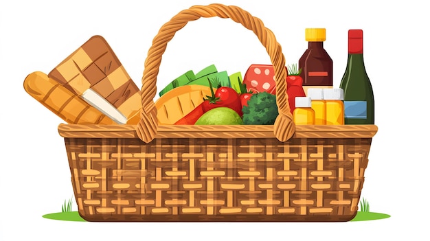 Photo picnic basket filled with products raw style illustration