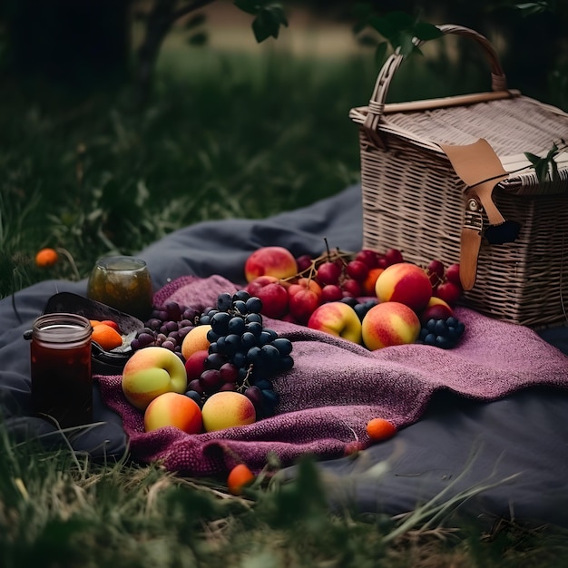 A picnic basket and fruit on a blanket