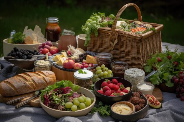 Picnic basket overflowing with delicious food for a culinary picnic created with generative ai