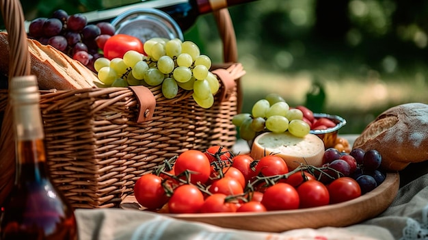 Picnic basket overflowing with delicious food Generative Ai